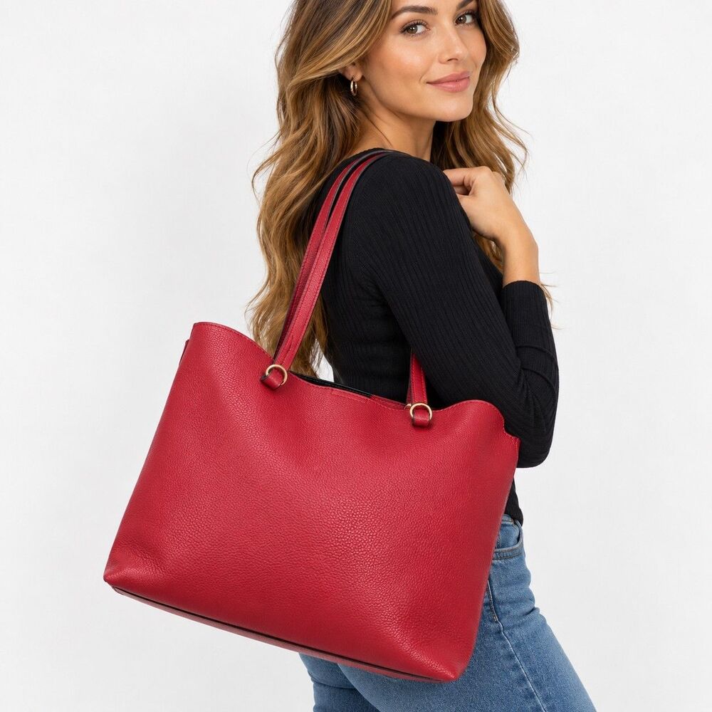 Kate Landry Large Red Pebbled Tote Bag Shoulder Purse Magnetic Snap Pocket
